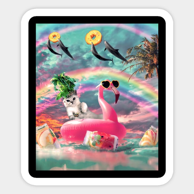 Cute Rainbow Cat On Flamingo With Dolphin Sticker by Random Galaxy